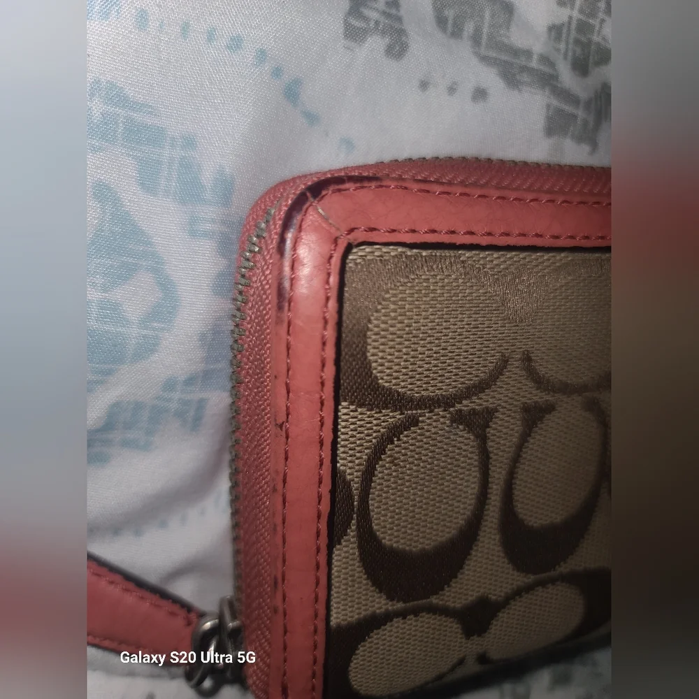 Coach Signature Canvas Tan and Pink Wallet